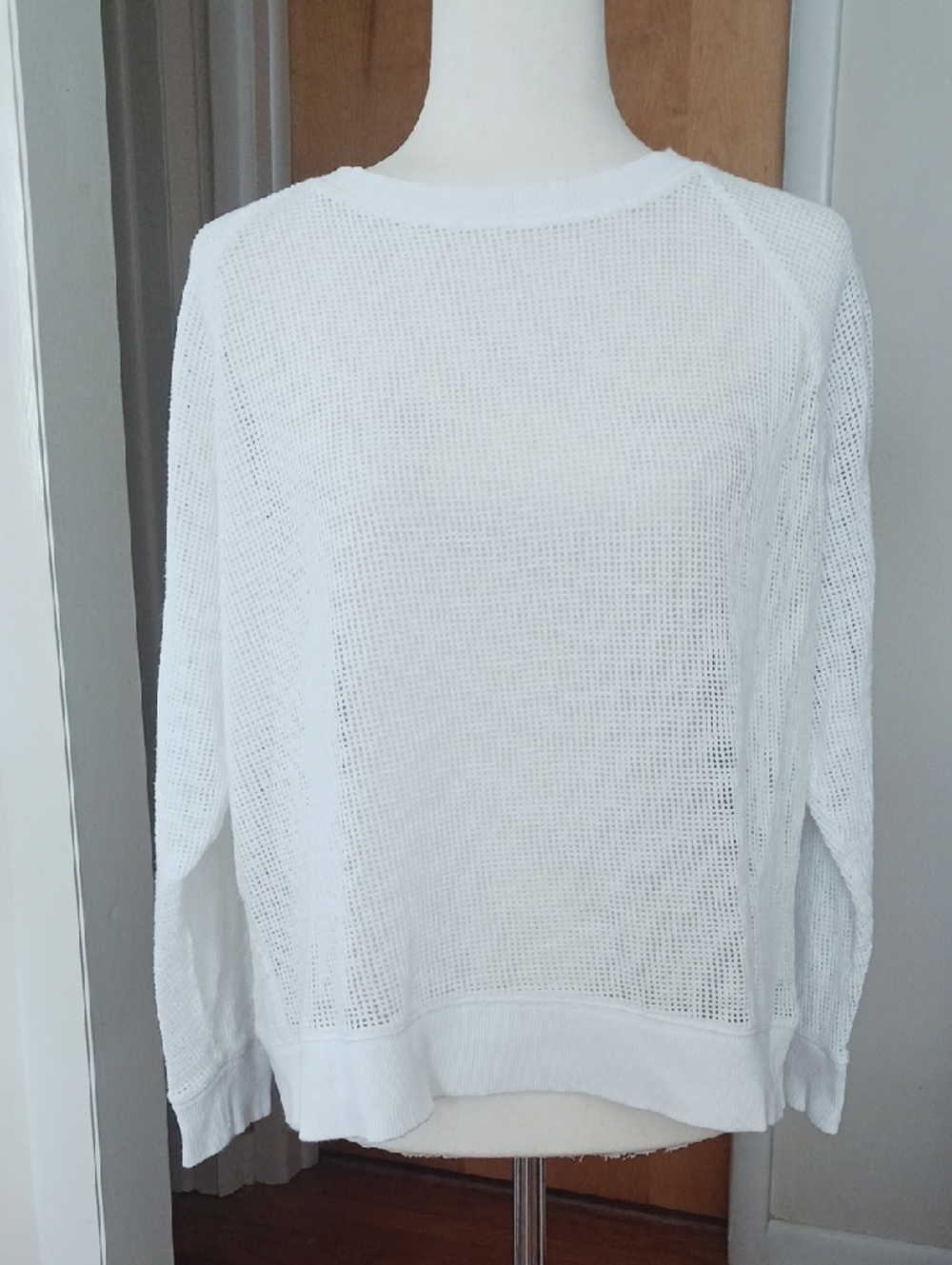 Eileen Fisher Mesh Top Long Sleeve Round Neck Cotton Semi Sheer White Sz L